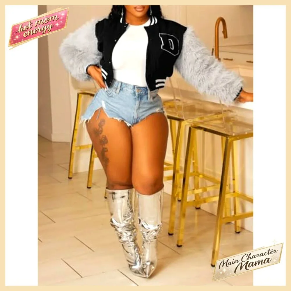 Cropped Varsity Jacket with Faux Fur Sleeves, Button-Up Casual Letterman Coat - Picture 5 of 7